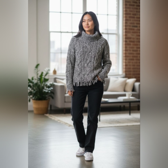 Lucia Burns Sweaters - Boho Fringe Cowl Turtleneck 100% Cotton Short Sweater